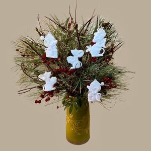 Vintage Set of 5 Mice Christmas Ornaments White Glitter Sparkle Festive Mouse